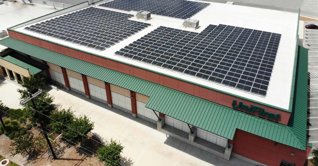 The UniFirst industrial laundry facility in San Antonio, Texas, has begun producing solar power with the recent installation of 612 high-efficiency solar panels expected to generate more than $25,000 in energy savings in its first year of operation.