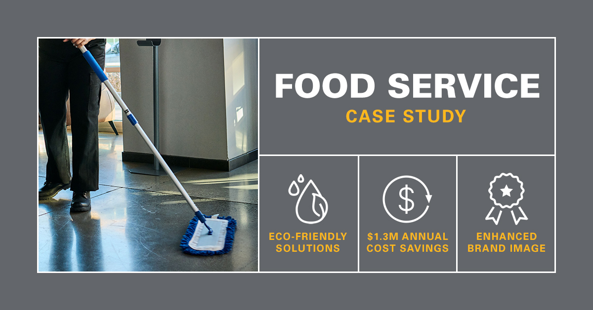UniFirst microfiber mop is shown. UniFirst facility services saved this fast food restaurant $1.3 million dollars annually.