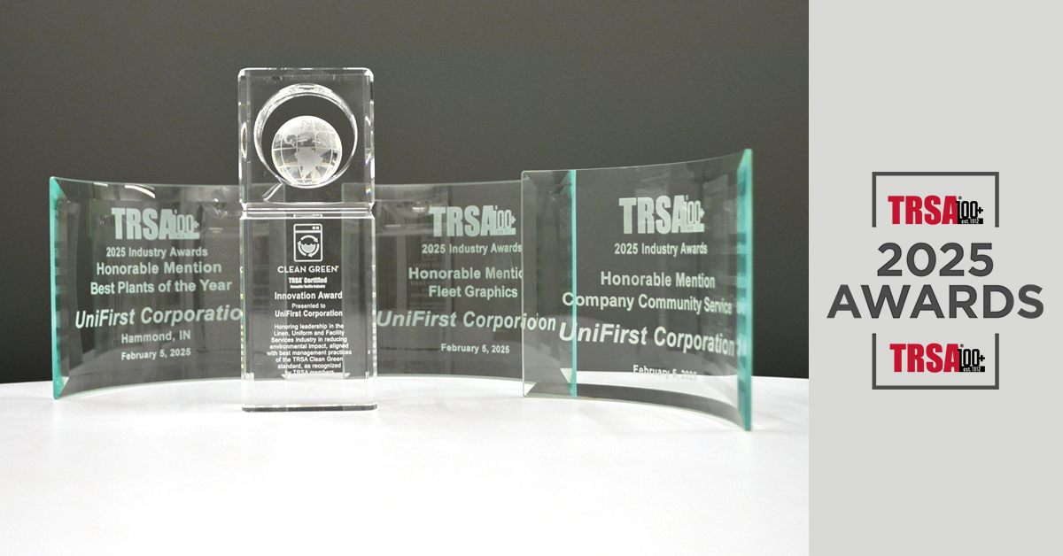 UniFirst celebrates industry awards for sustainability, philanthropy, and service showing a collection of awards won.