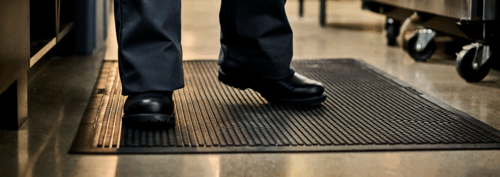 Close-up of staff standing on a UniFirst anti-fatigue floor mat