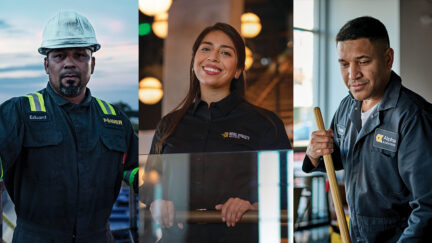 Three workers, one man in an oil and gas setting, a women in hospitality, and a man in a janitorial position all with UniFirst work uniform rental service