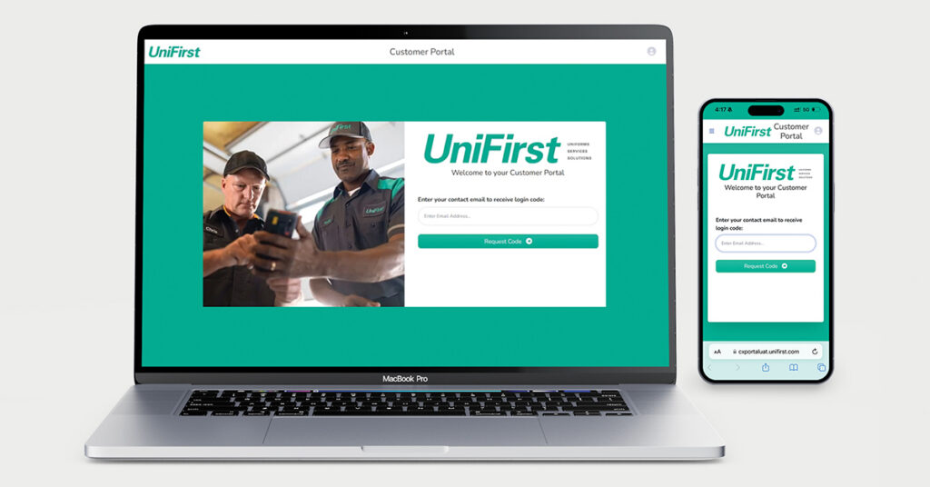 Laptop and phone screen featuring the UniFirst Customer Portal