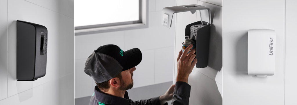 A group of images showing the Essential Series air freshener dispensers by UniFirst