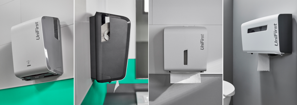 A collection of images featuring the Essential Series paper dispensers by UniFirst
