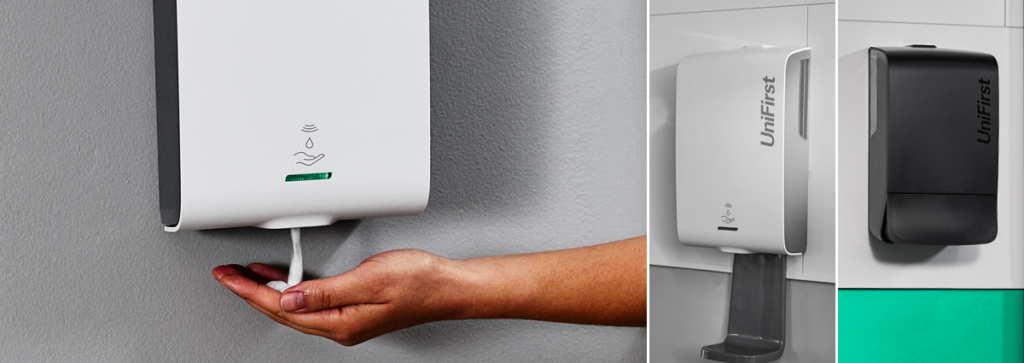 A collage of images featuring the Essential Series soap/sanitizer dispensers by UniFirst