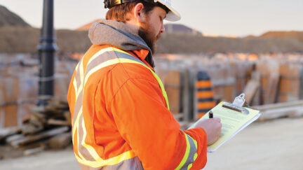 A construction worker wearing high visibility clothing writing on a clipboard at a job site.