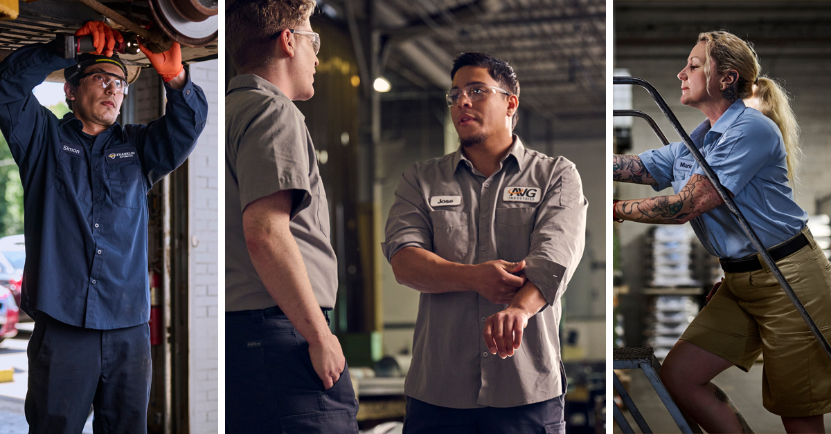 A collection of images showing men and women in the workplace wearing Always U work uniforms